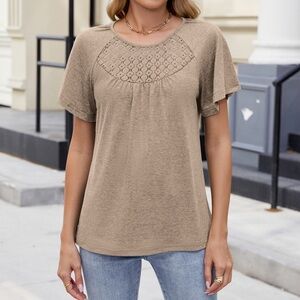 Taupe Crochet Yoke Flutter Sleeve Tee
